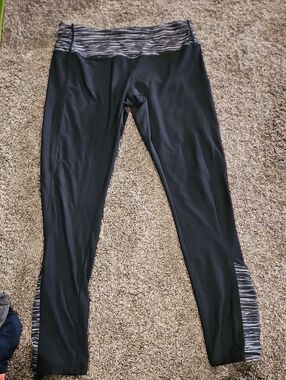Avia Black Leggings with Gray Striped Waistband & Cuffs